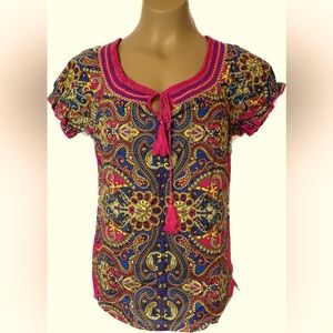 Flying Tomato Blouse Top Paisley Floral Boho Short Sleeve Size Small Ties Pink